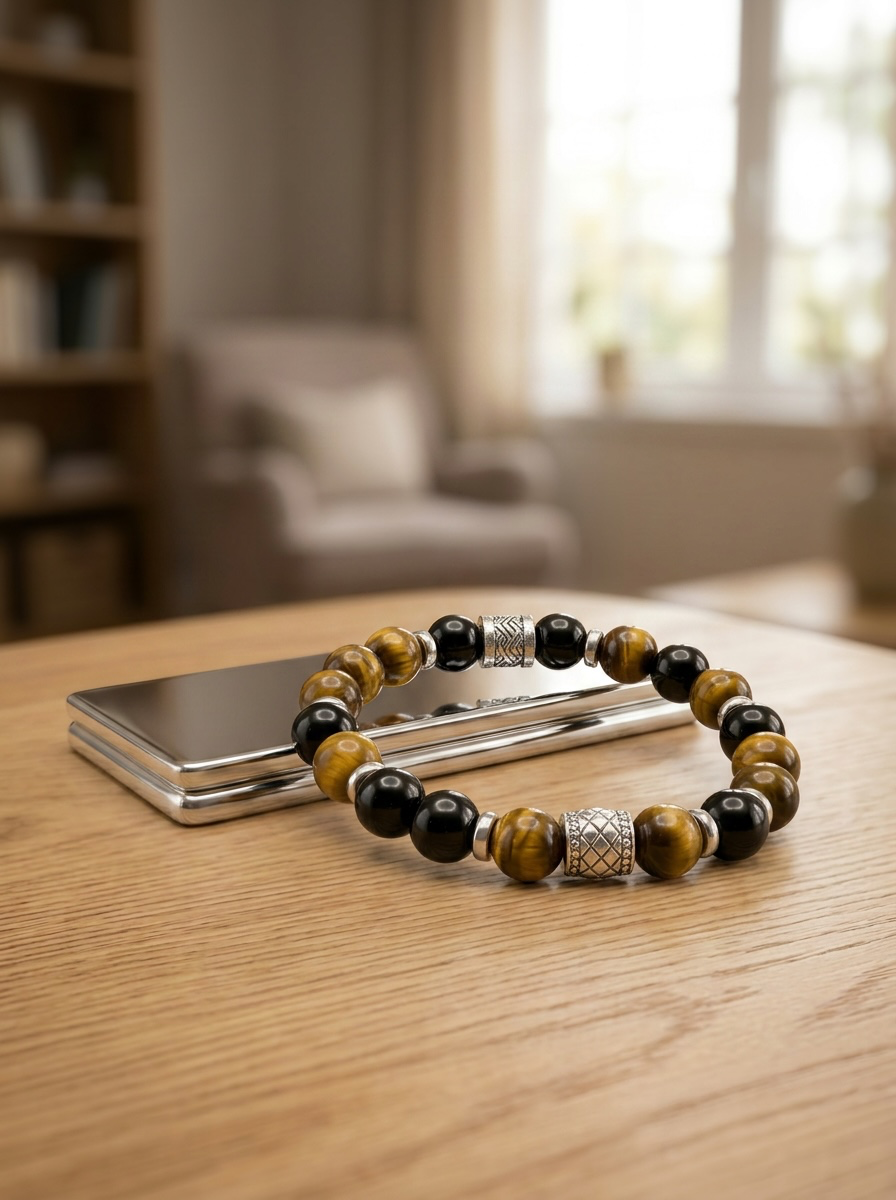8mm Black Onyx & Tiger's Eye Bracelet – Handmade Stretch Bracelet with Silver Accents