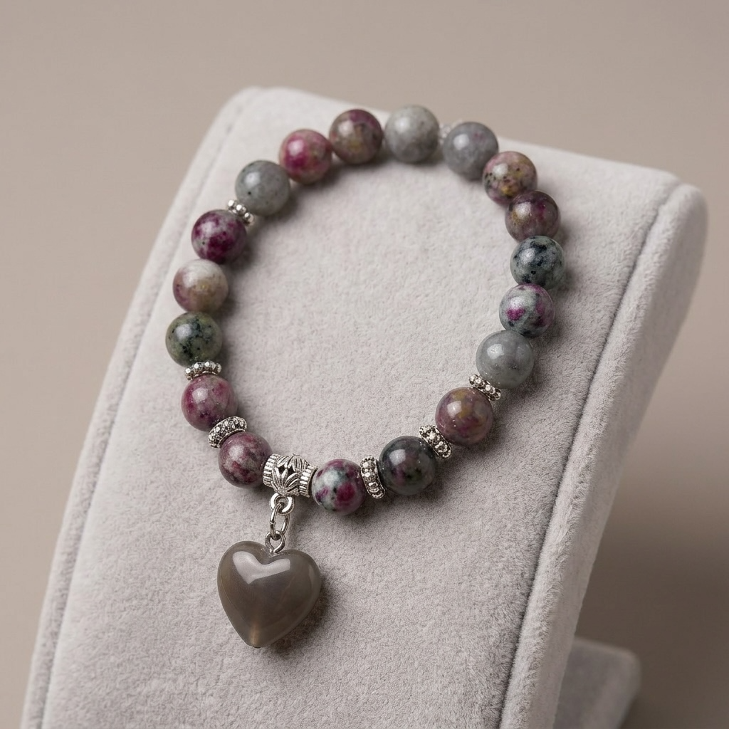 Tourmaline & Grey Leaf Jasper Heart Charm Bracelet and Necklace Set