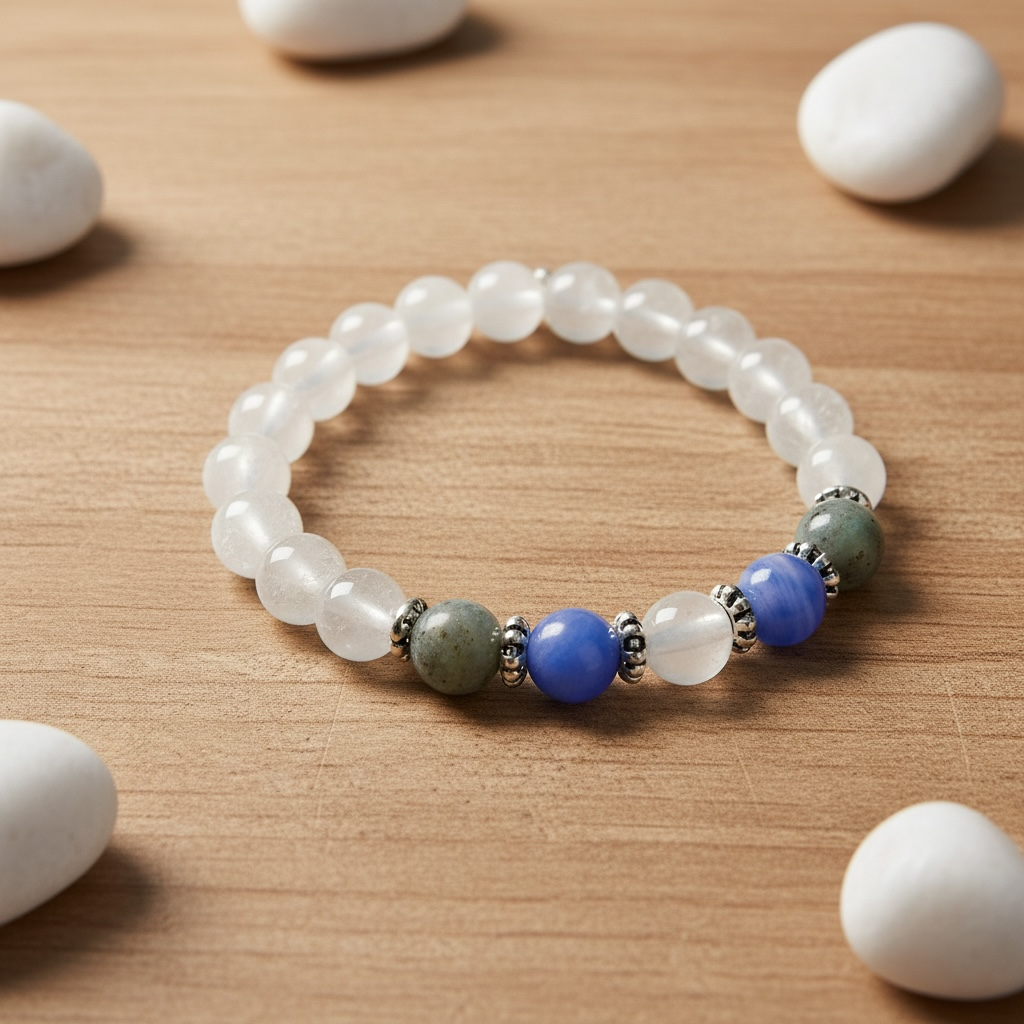 Blue Lace Agate, Silver Leaf Jasper & Moonstone Bracelet – Natural Gemstone Stretch Jewelry
