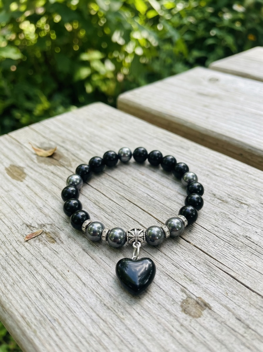 Shadow Steel Heart Bracelet-8mm Black Onyx and Hematite