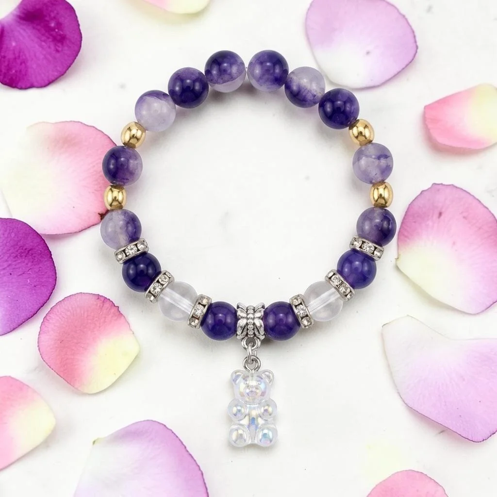 Purple Teddy Bear Charm Bracelet & Necklace Set – Crystal & Pearl Beaded Jewelry