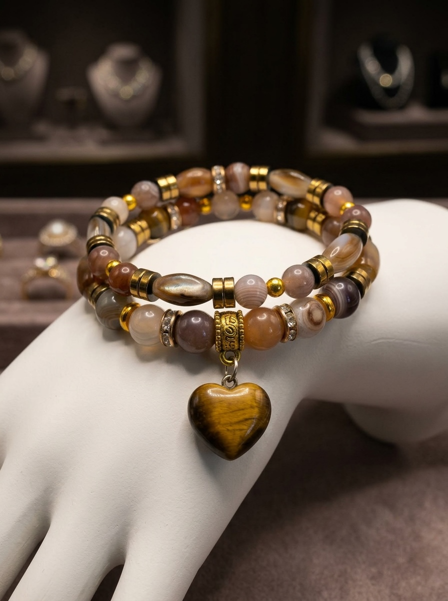 Brown Agate & Brown Stone Heart Charm Bracelet Set