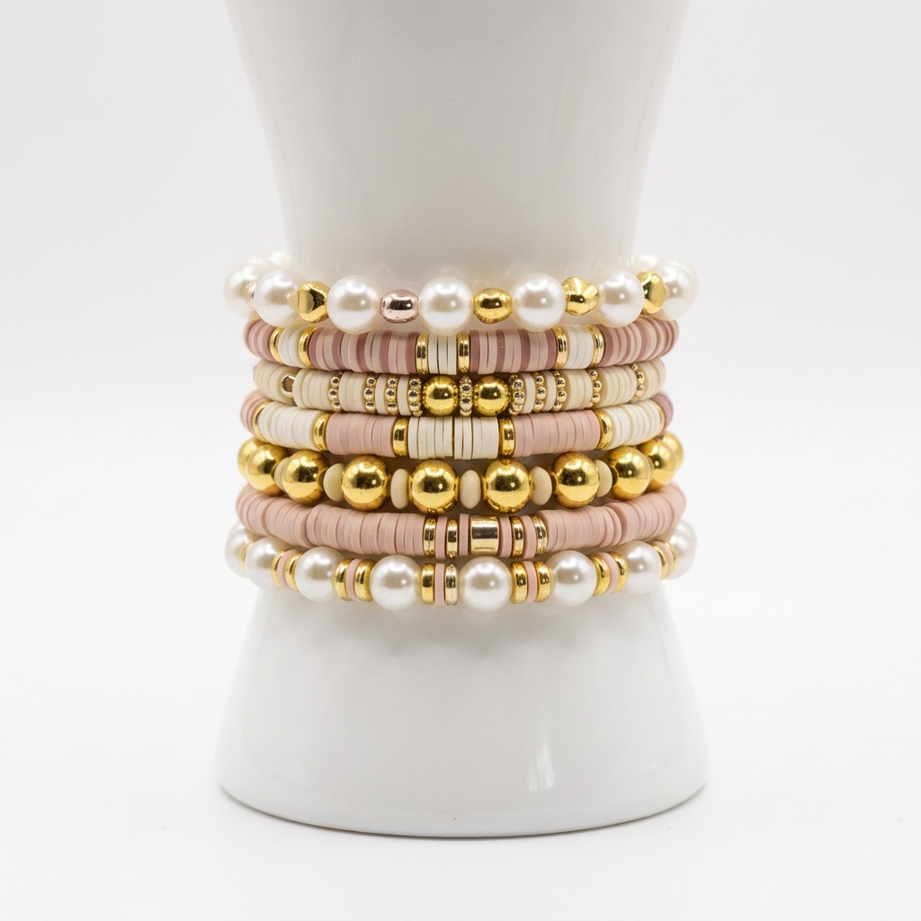 Golden Glow Pearl & Heishi Bead Stretch Bracelet Set