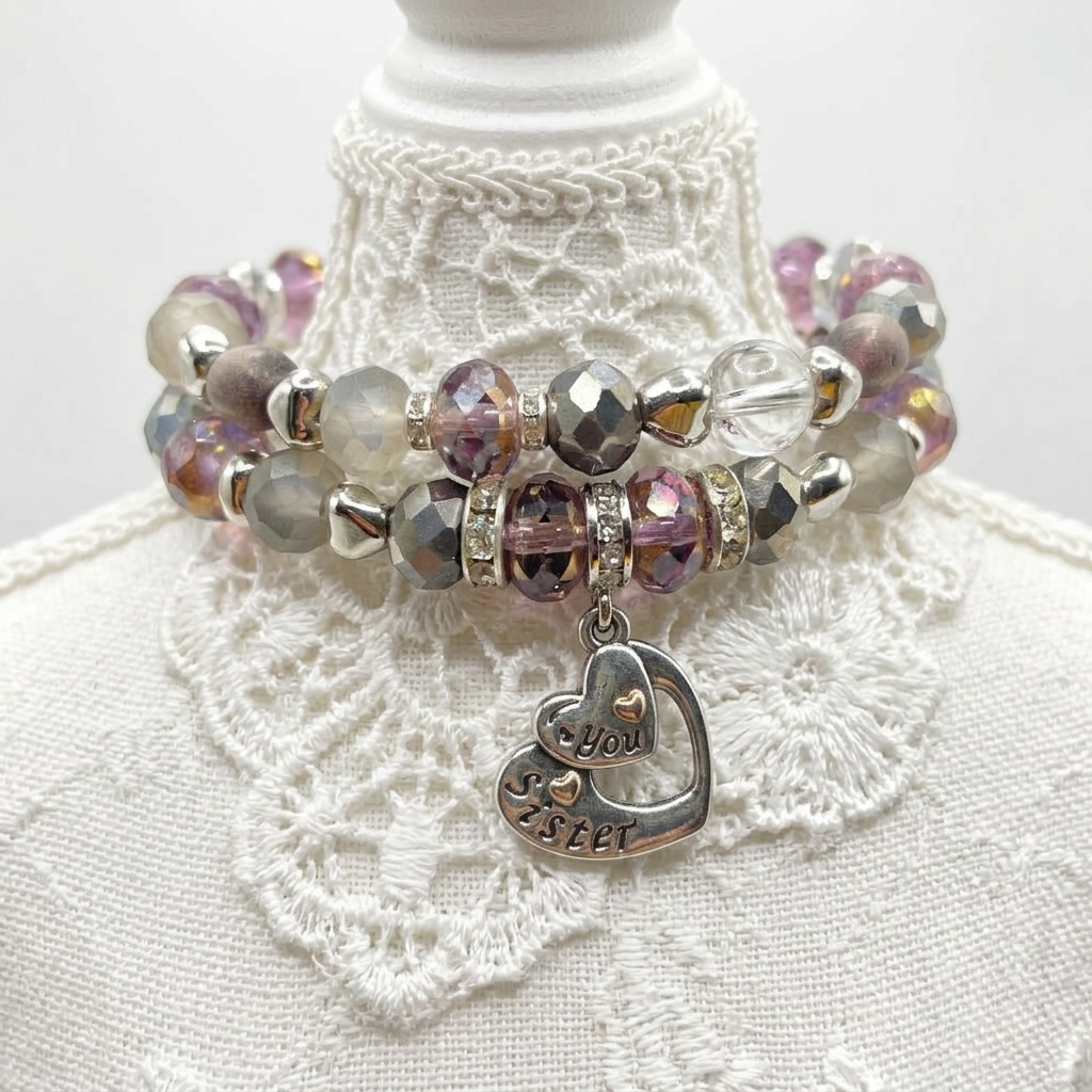 Lavender & Silver Heart Charm Beaded Bracelet Set