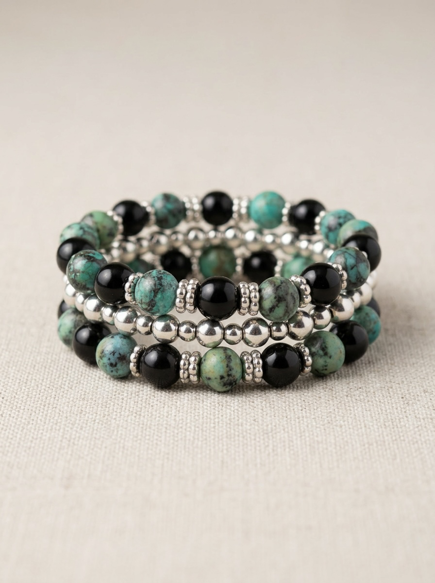 Black Onyx & African Turquoise Wrap Bracelet – 8mm Natural Stone Beads with Silver Accents