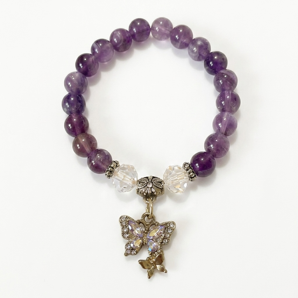 Amethyst & Clear Quartz Charm Bracelet – Purple Gemstone Stretch Jewelry with Butterfly Accent