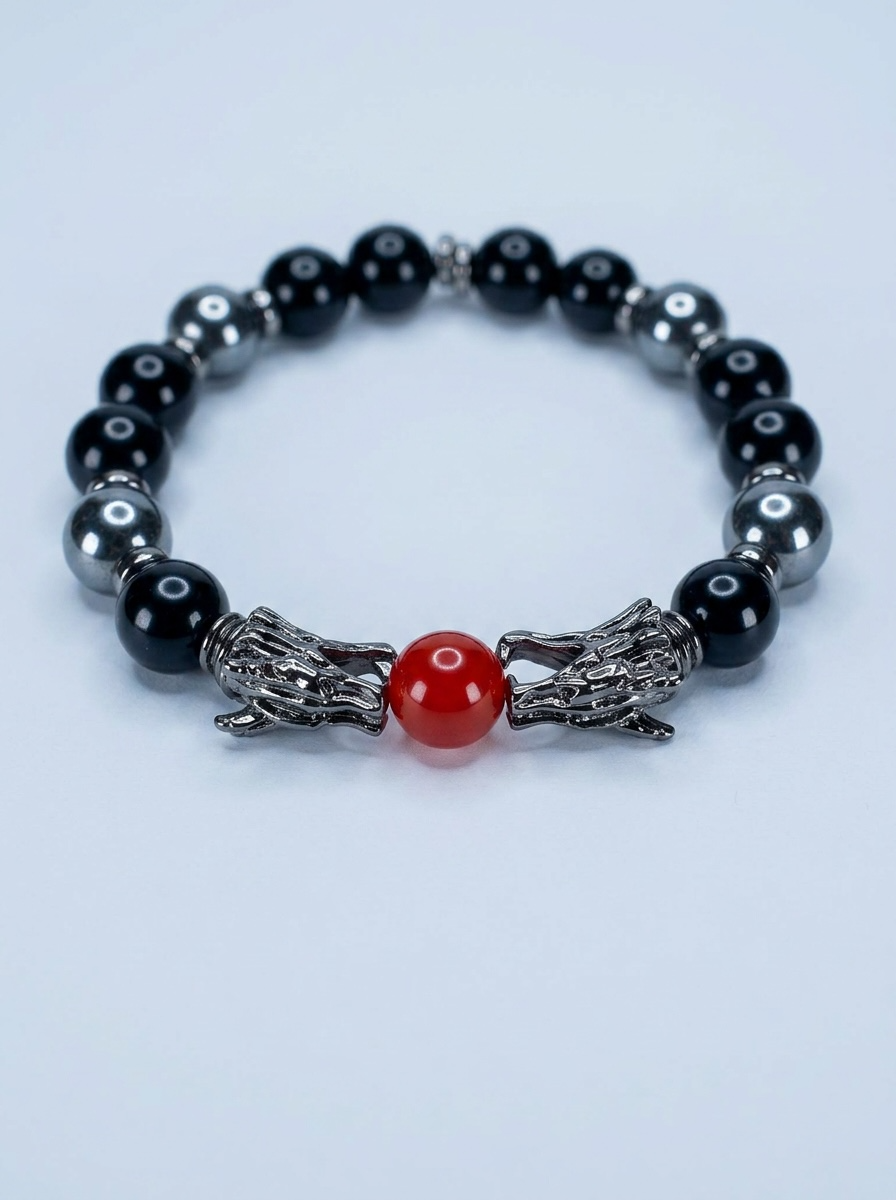 Black Onyx and Hematite Silver Dragons Head Bracelet
