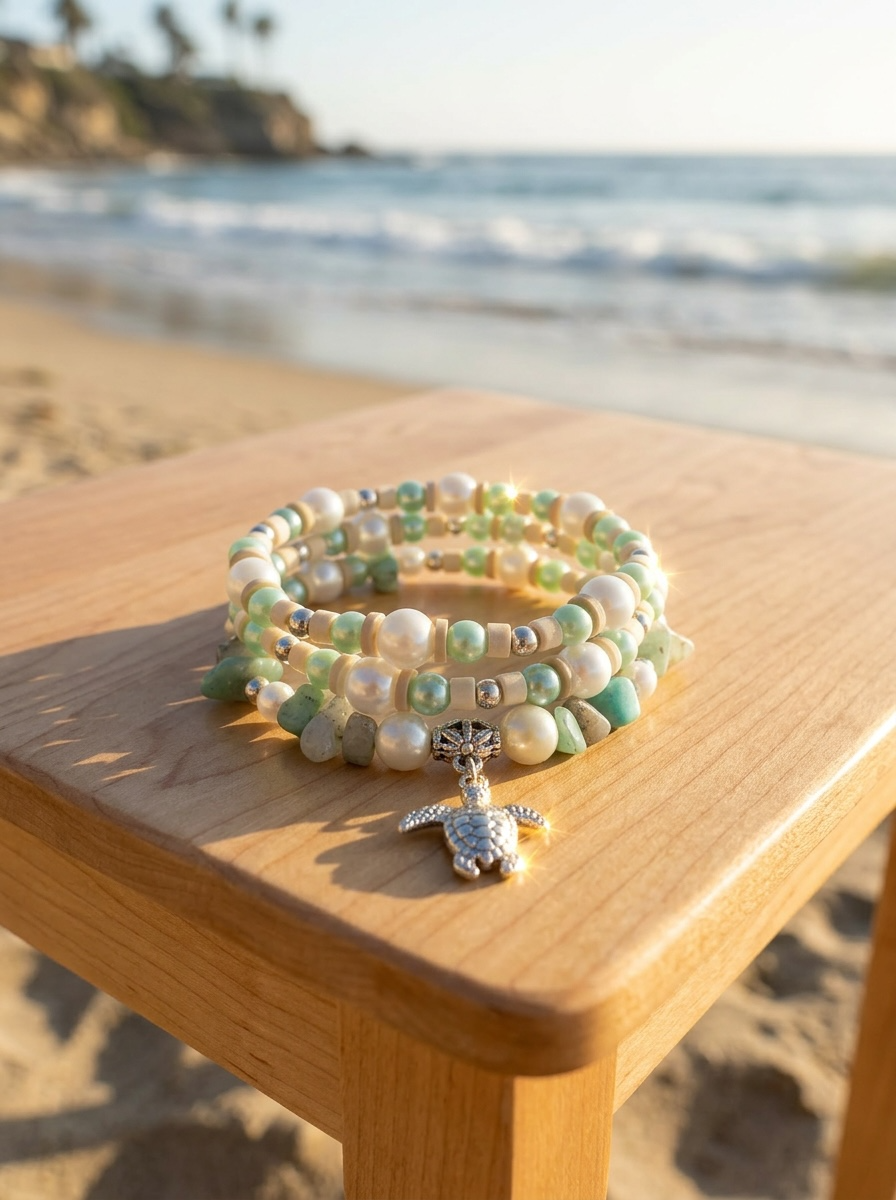 Seafoam Pearl Turtle Charm Bracelet Set