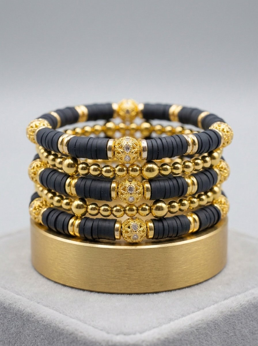 Black & Gold Statement Wrap Bracelet – Matte Black Heishi Beads with Gold Accents