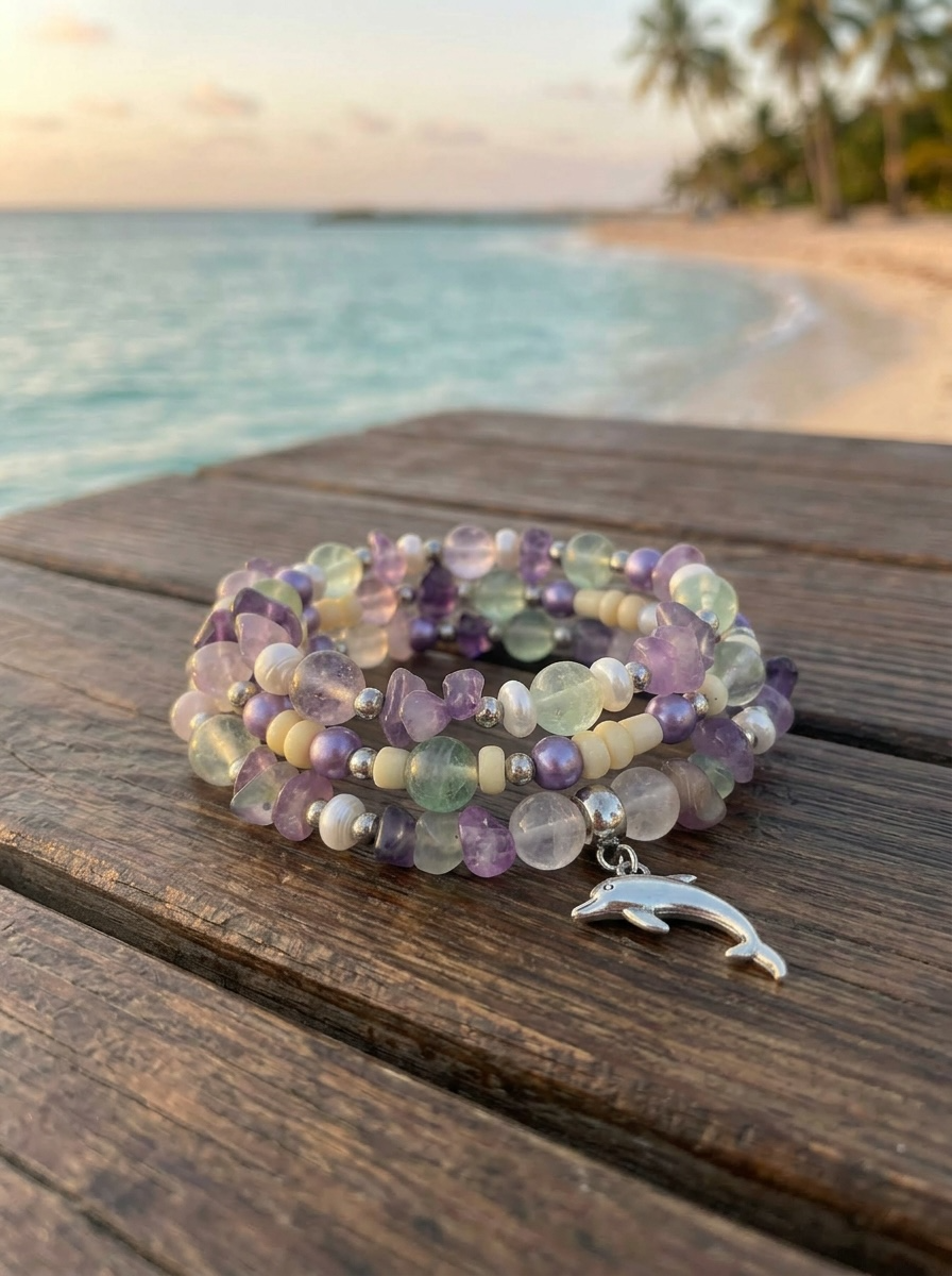 Pastel Chip Gemstone Dolphin Charm Bracelet Set