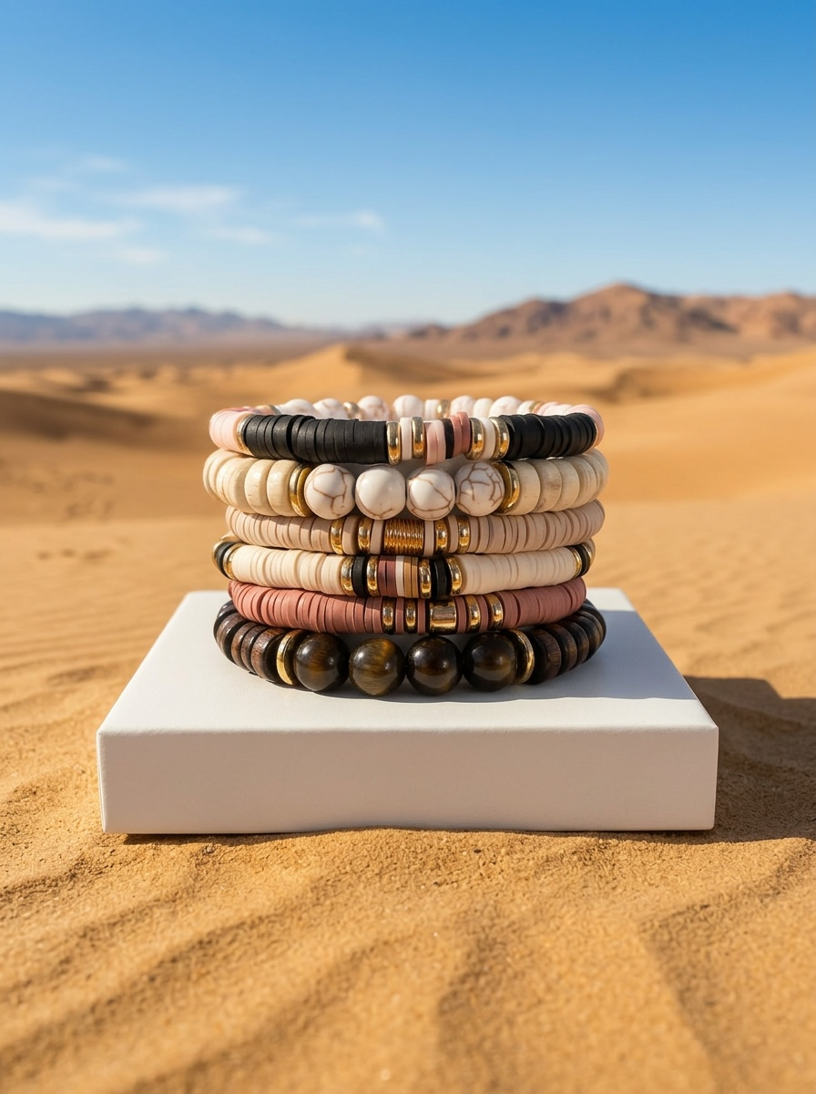 Neutral Luxe Stackable Heishi and Bead Bracelet & Hoop Earring Set
