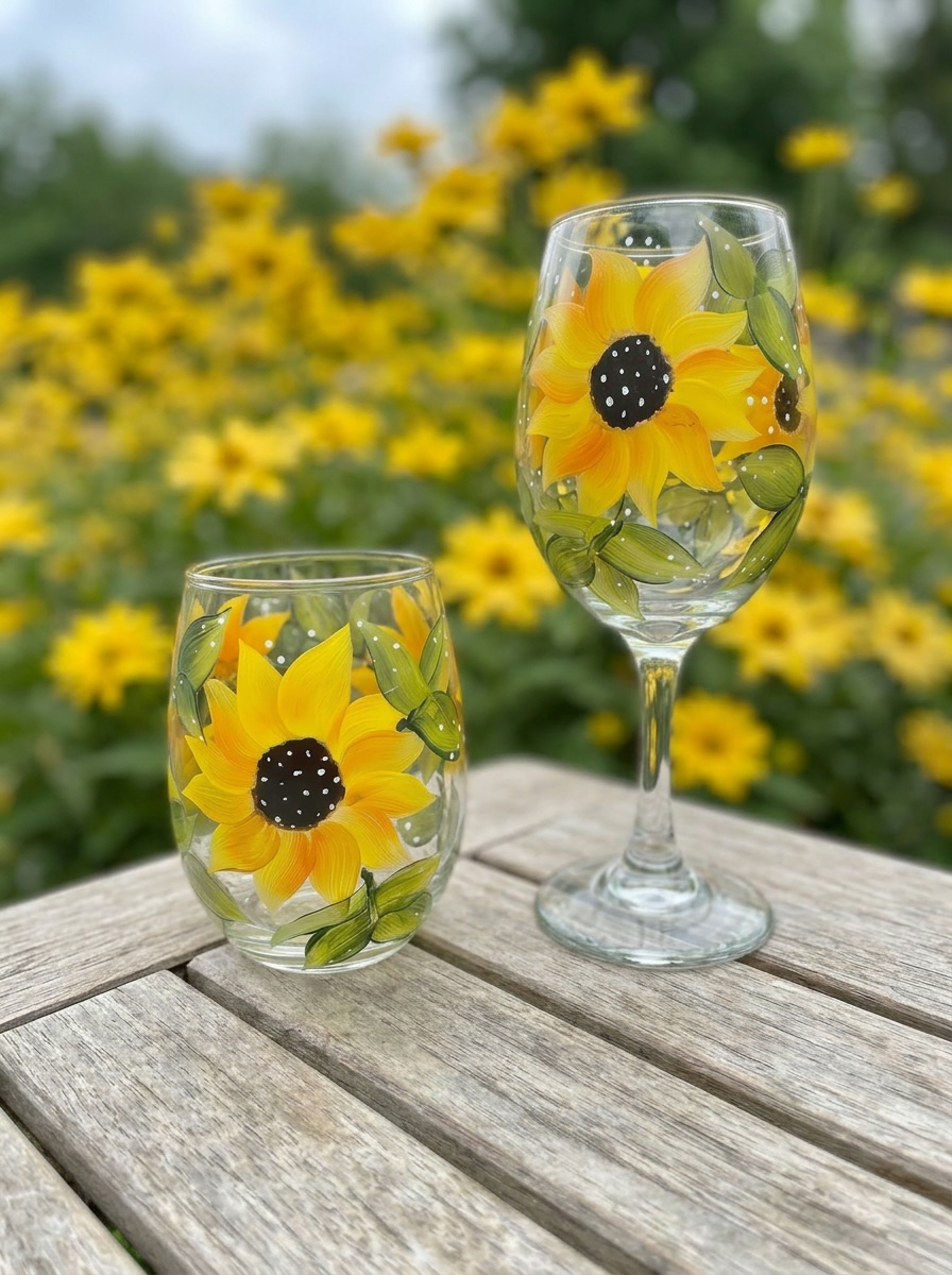 Sunflower Bliss Hand-Painted Glass Set (Stem or Stemless Choice)