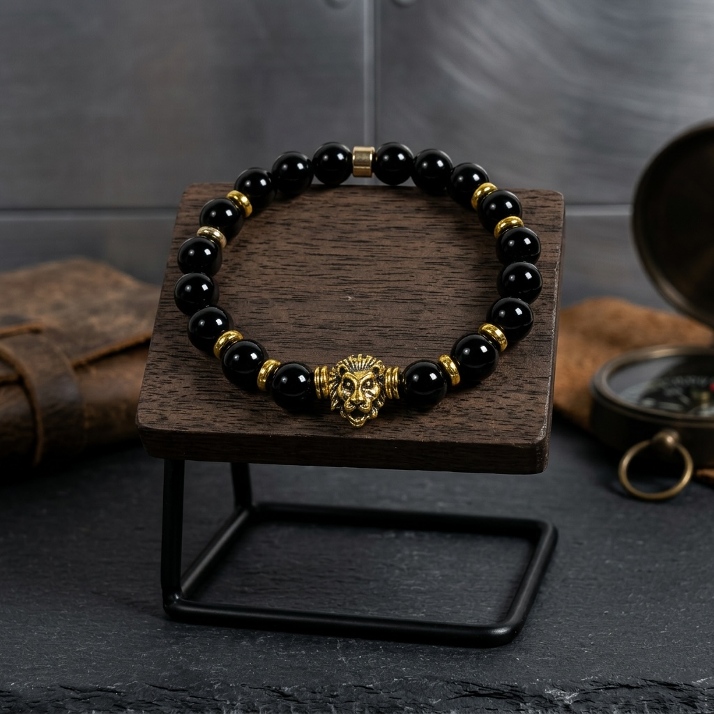 Black Onyx Gold Lion Sovereign Bracelet