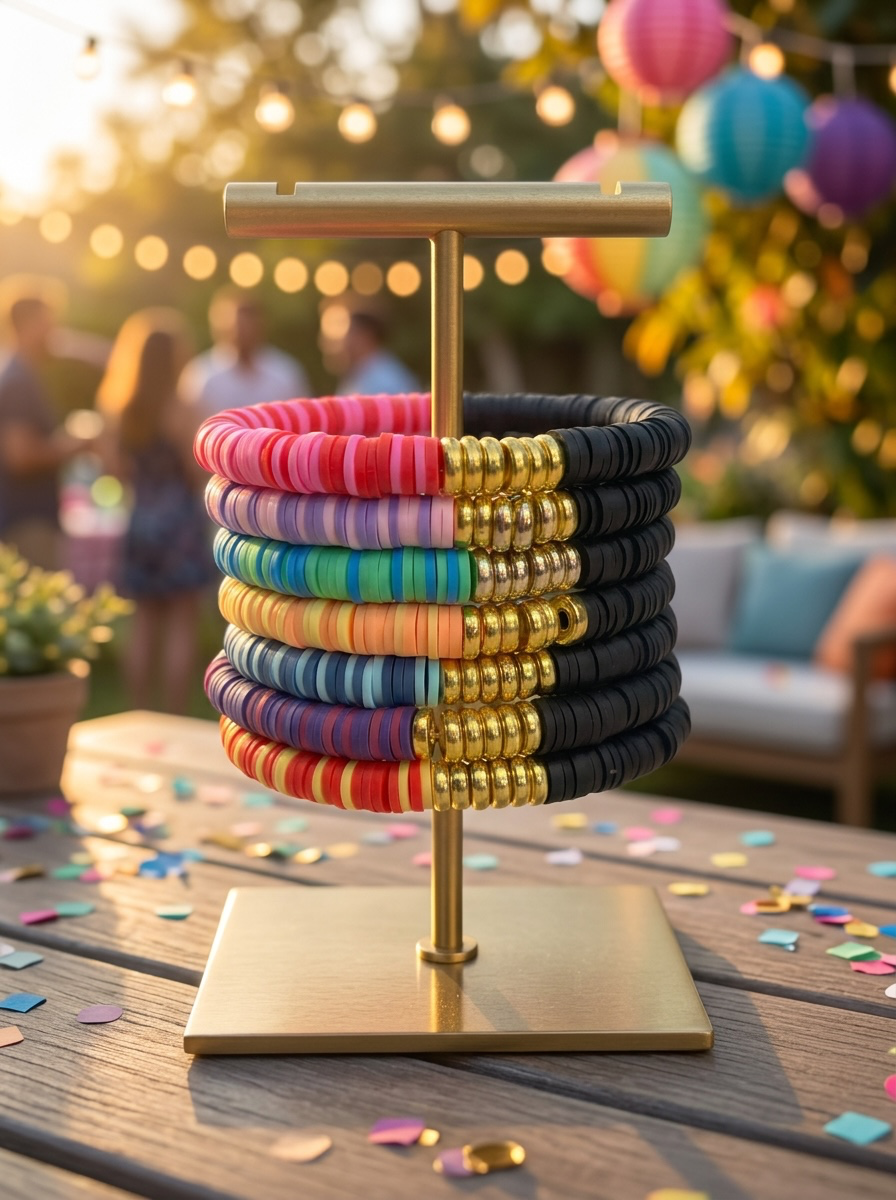 Rainbow Heishi Bead Stretch Bracelet Set with Gold Accents in Black| Stackable Boho Jewelry