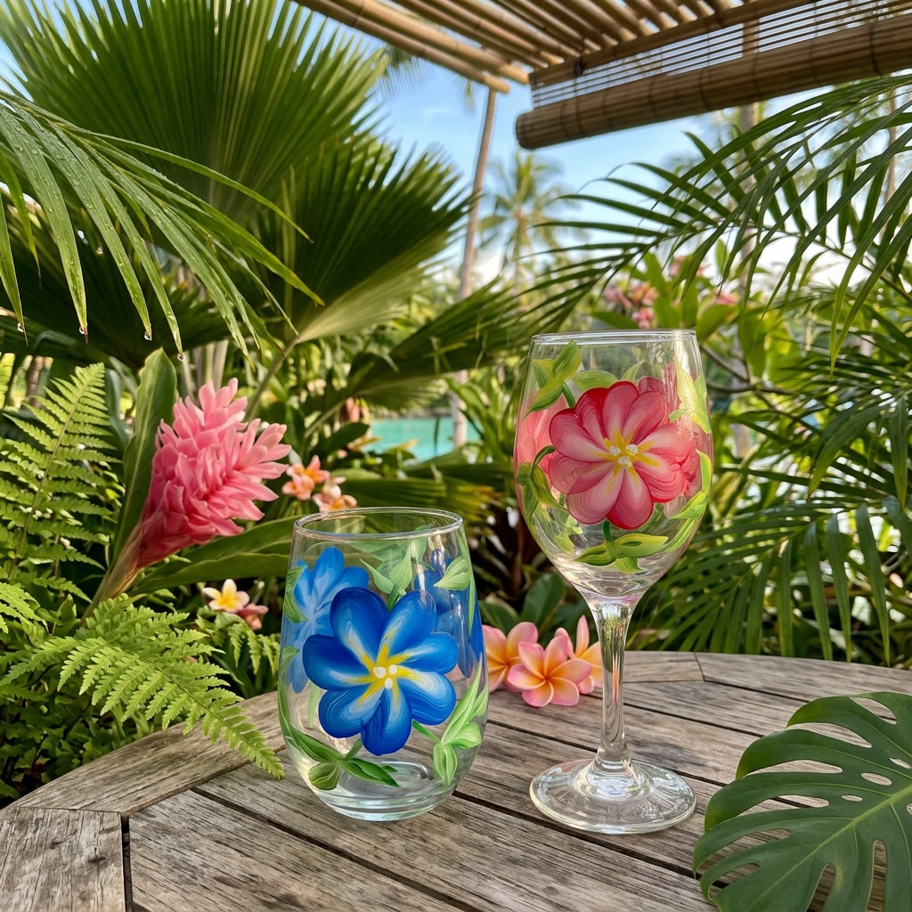 Hawaiian Garden Bloom Hand-Painted Glass (Stem or Stemless Choice)