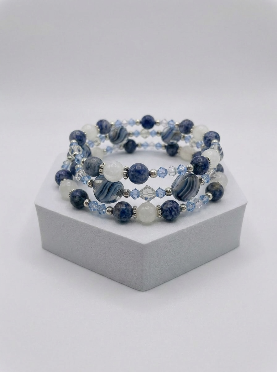Blue Marble & Crystal Beaded Bracelet Set