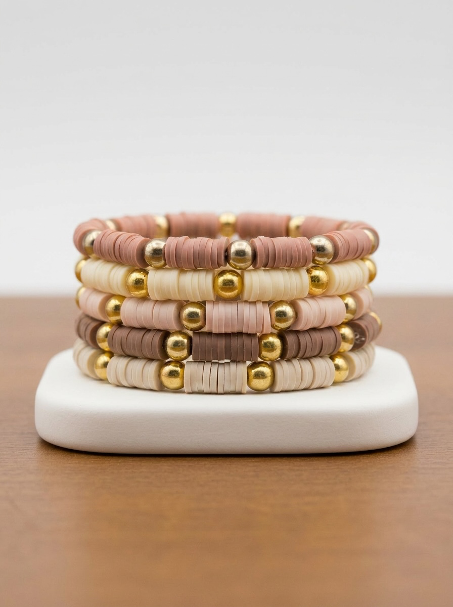 Boho Heishi Wrap Bracelet Stack – Blush, Cream & Taupe with Gold Accents