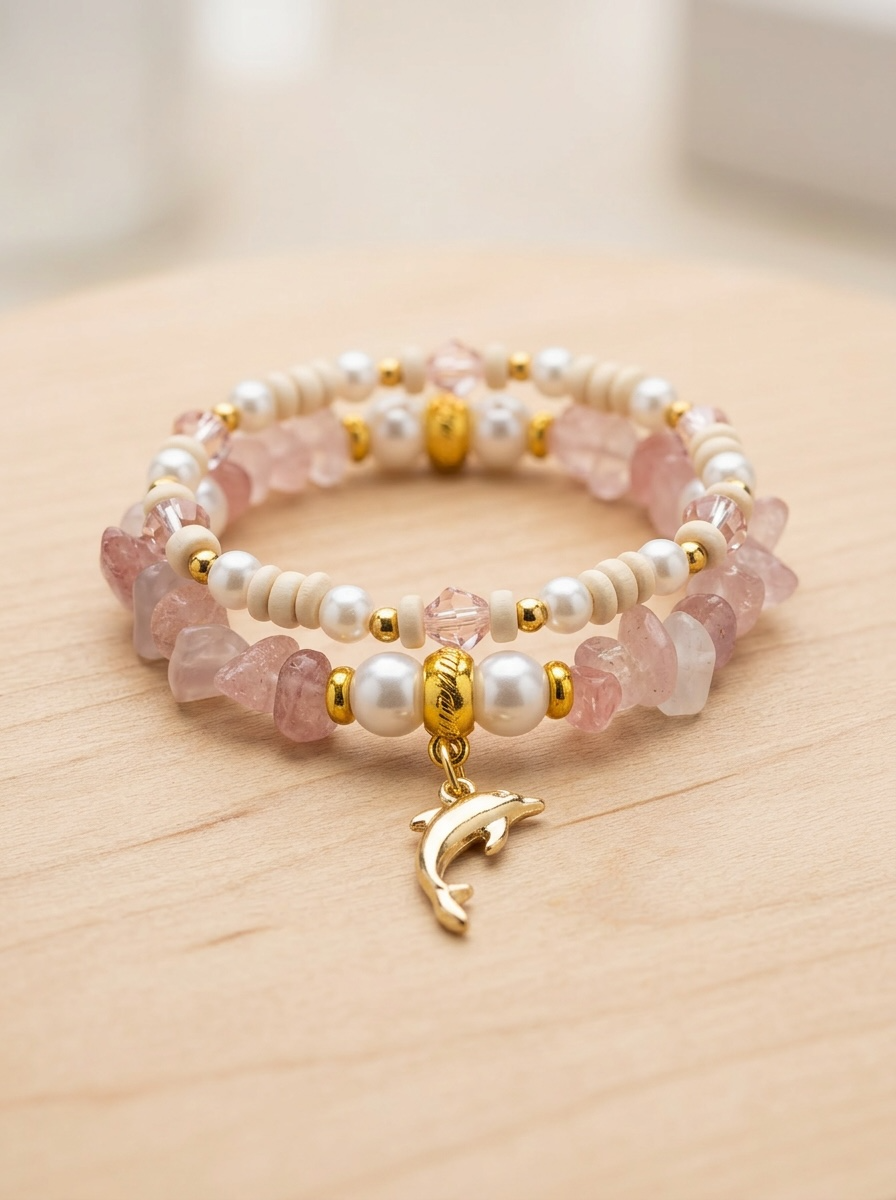Pink  Dolphin  Gemstone Chip Charm Beaded Bracelet Set