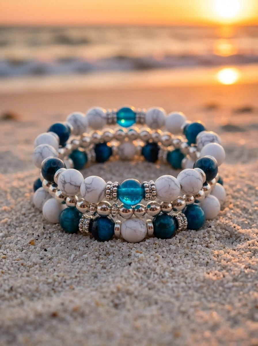 White Howlite & Blue Tiger’s Eye Beaded Bracelet Set 8mm