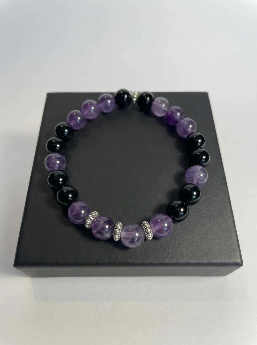 Amethyst & Black Onyx Stone Bead Bracelet – Natural Gemstone Stretch Jewelry