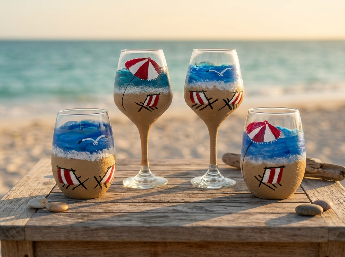 Hand-Painted Beach Wine Glasses – Coastal Ocean Scene (Stem or Stemless)