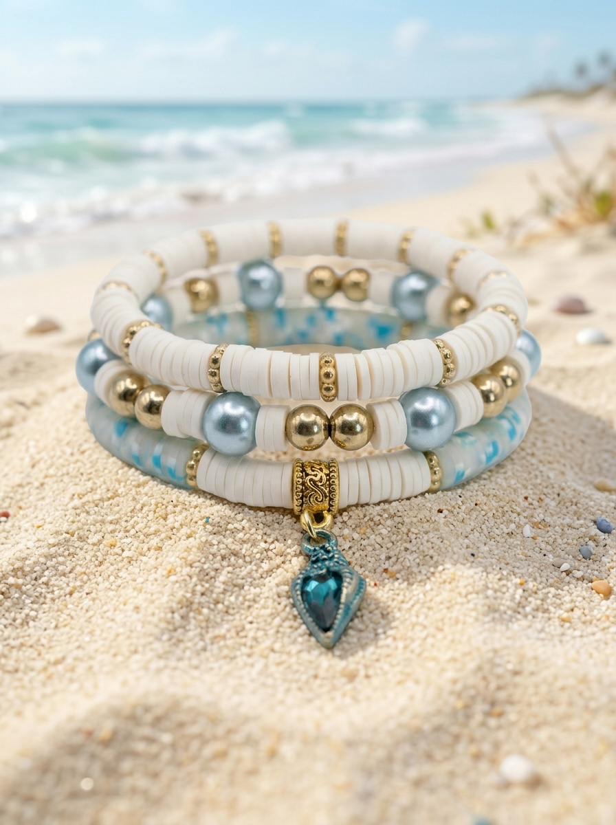 Coastal Shell Heishi and Bead Bracelet & Hoop Earring Set