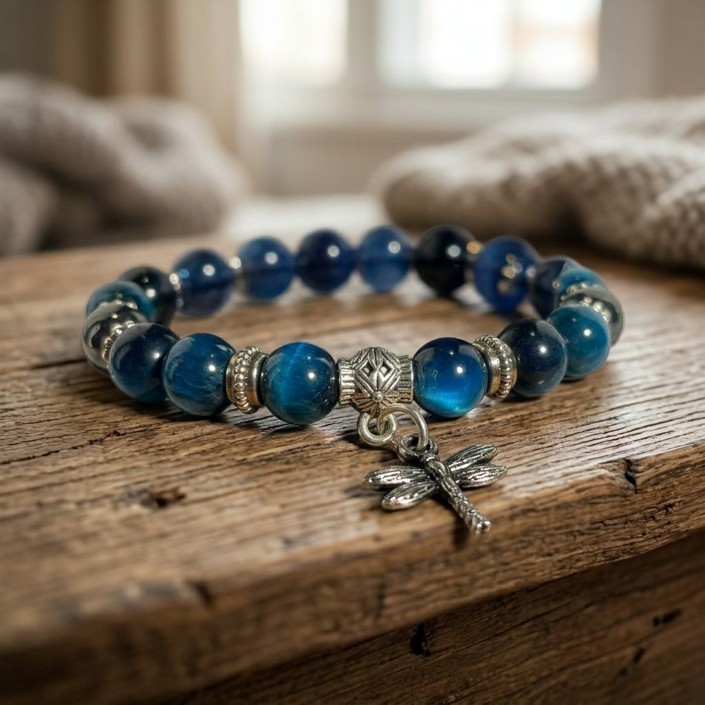 Dragonfly Blue Tigers Eye Bracelet  and Necklace Set