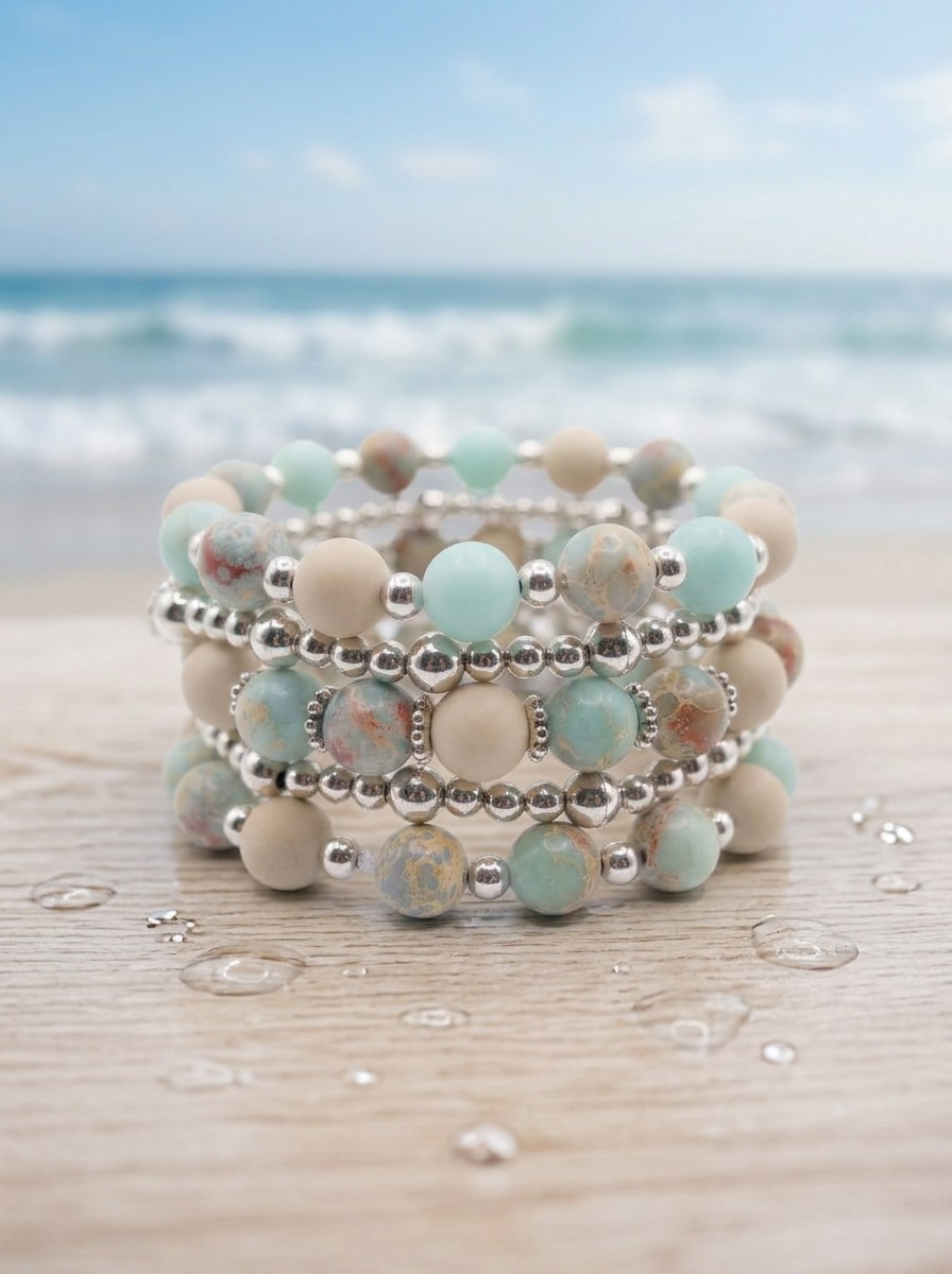 Ocean Breeze Wrap Bracelet – 8mm Blue Imperial Jasper & Matte Fossil Jasper with Silver Accents
