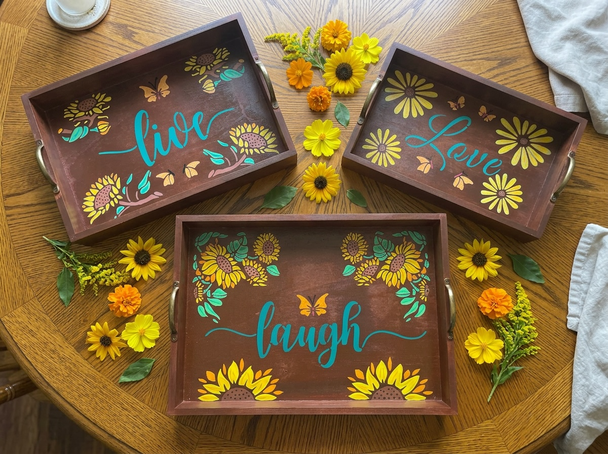 Hand-Painted Sunflower Wooden Serving Tray Set – “Live, Laugh, Love” (3 Trays)