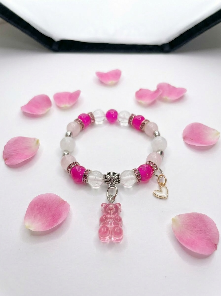 Pink Teddy Bear Charm Bracelet & Necklace Set – Cute Beaded Jewelry Gift
