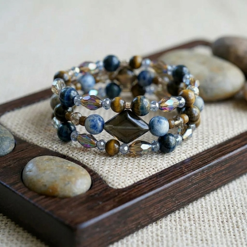 Blue Stone & Smoky Glass Beaded Bracelet Set