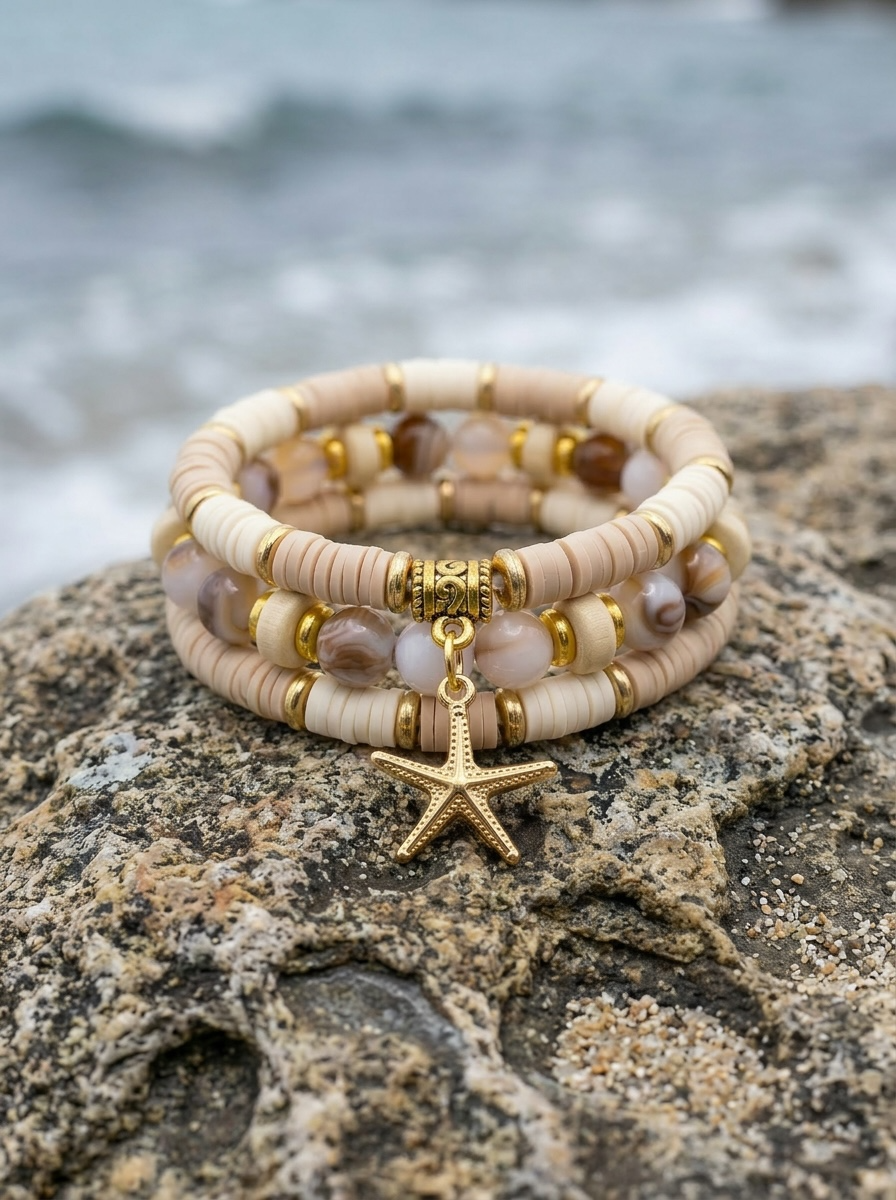Stacked Neutral Heishi & Bead Bracelet Set with Starfish Charm – Coastal Boho Jewelry