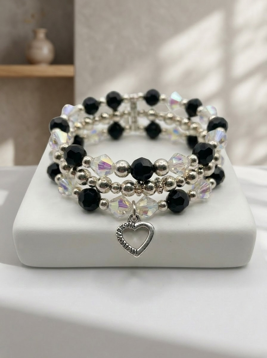 Silver Noir Crystal Heart Stack