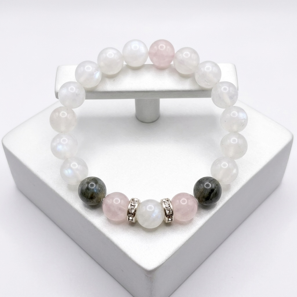 Rose Quartz, Silver Leaf Jasper & Moonstone Bracelet – Natural Gemstone Stretch Jewelry