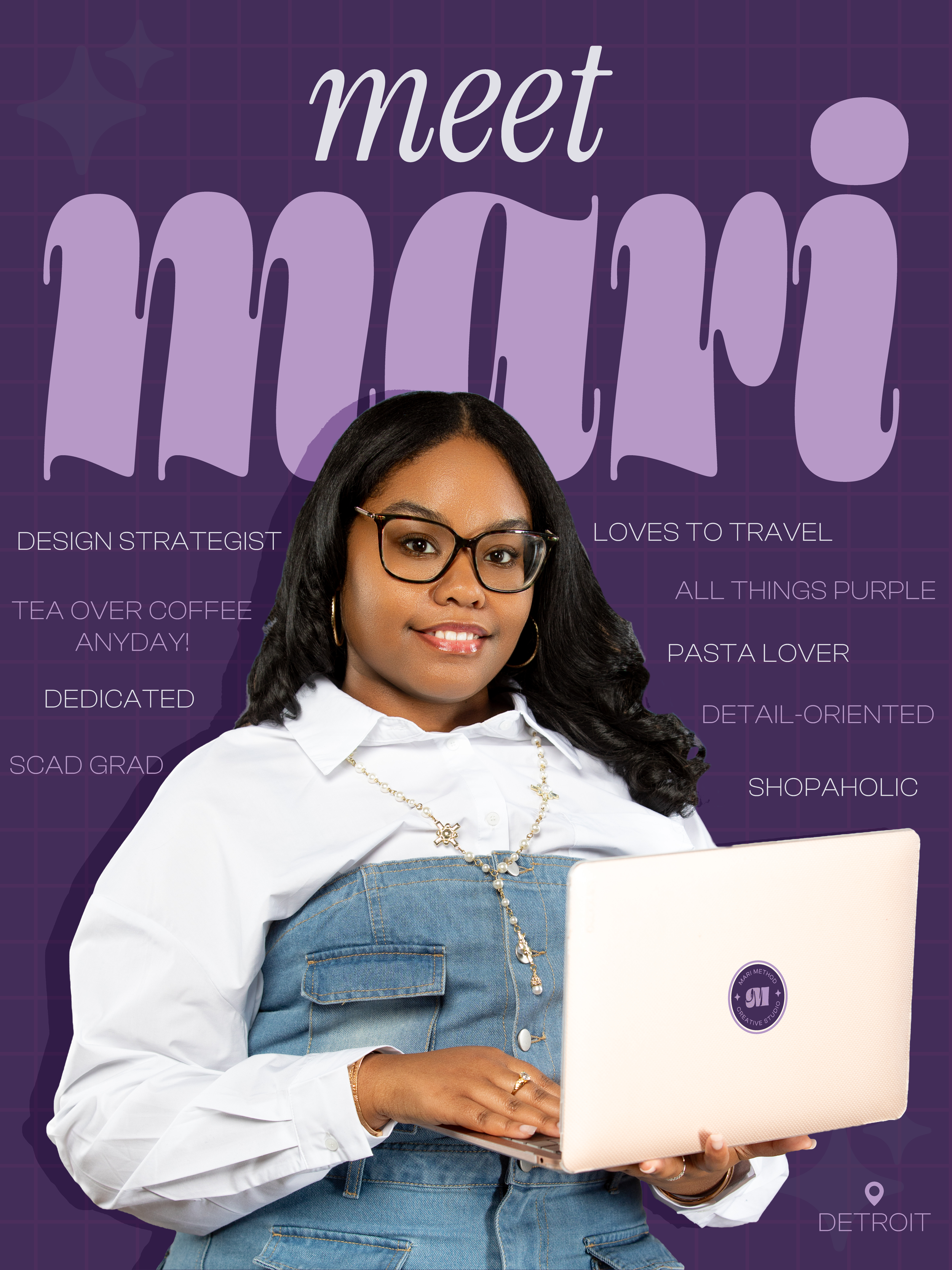 meet mari the designer with fun facts posted around the photo