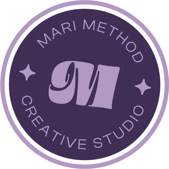 Logo of Mari Method Creative Studio with purple background, stylized 'M' in the center, and text around the circle.