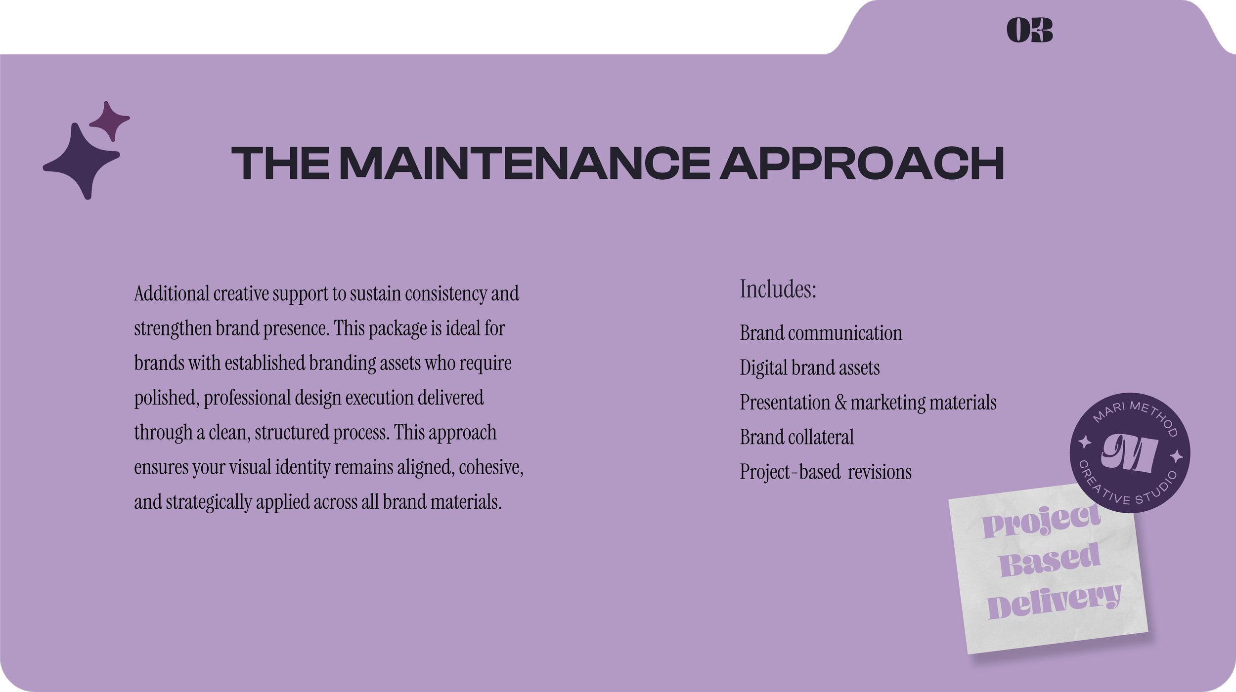 A purple infographic titled 'The Maintenance Approach' with text about brand support and services, featuring logos and sticky notes related to project-based delivery.