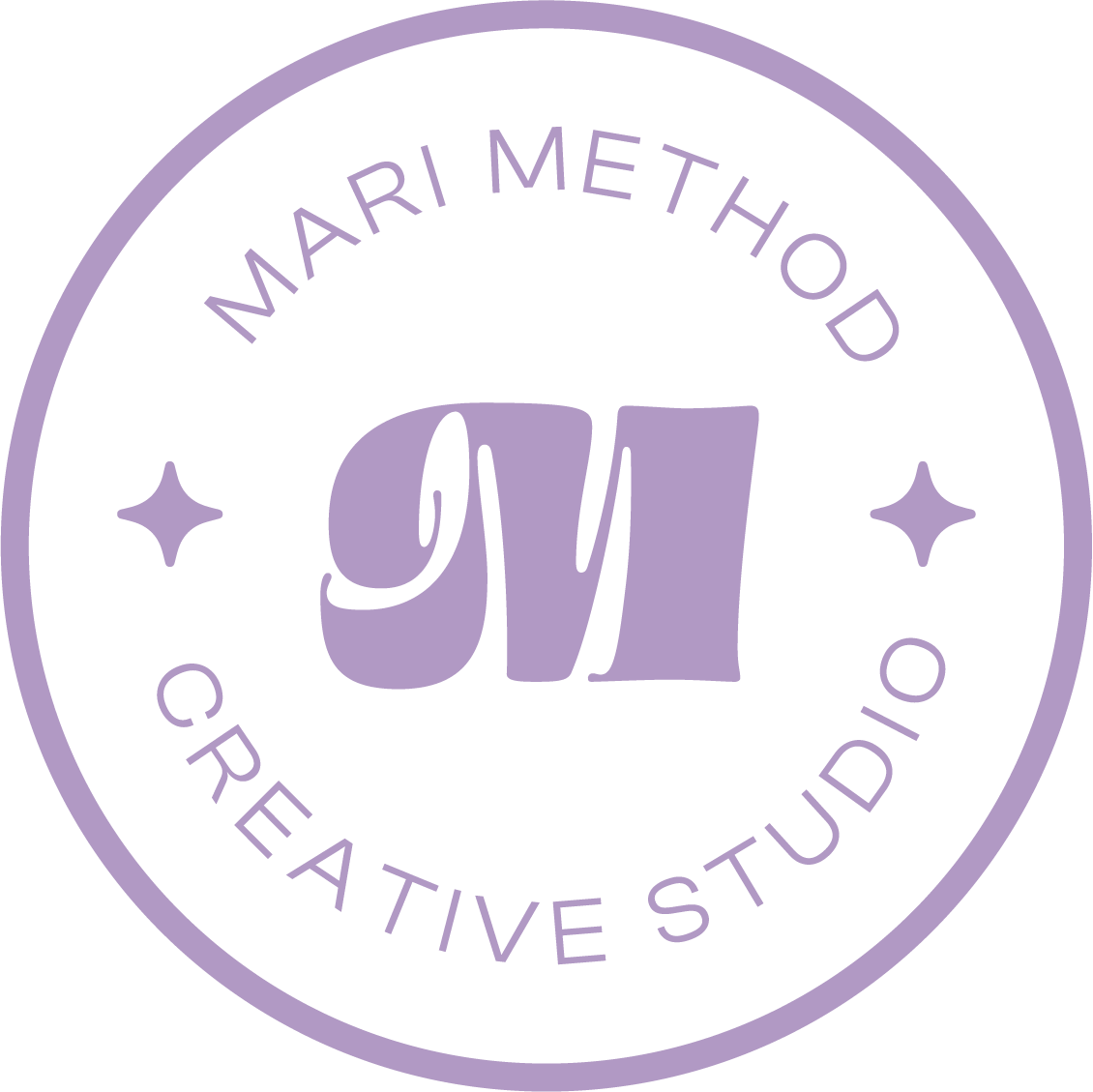 A circular logo with a purple border, containing the text 'Mari Method Creative Studio' and the initials 'MM' in the center with a star on each side.