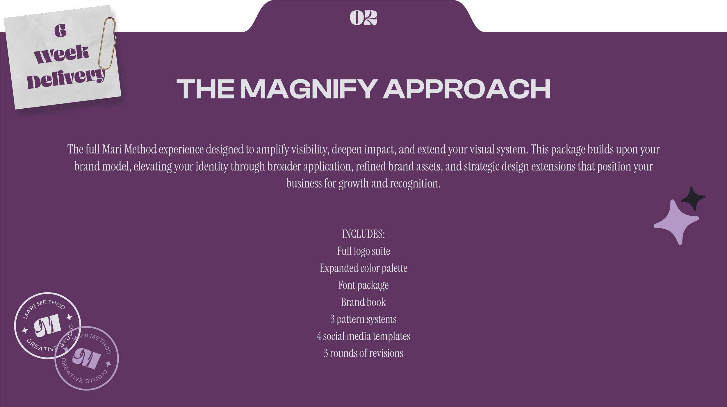 A digital marketing slide with purple background titled 'The Magnify Approach.' It features a sticky note with '6 Week Delivery' and two Mari Method logos. The slide describes the Mari Method experience, detailing its components such as logo suite, color palette, font package, brand book, pattern systems, social media templates, and revisions.