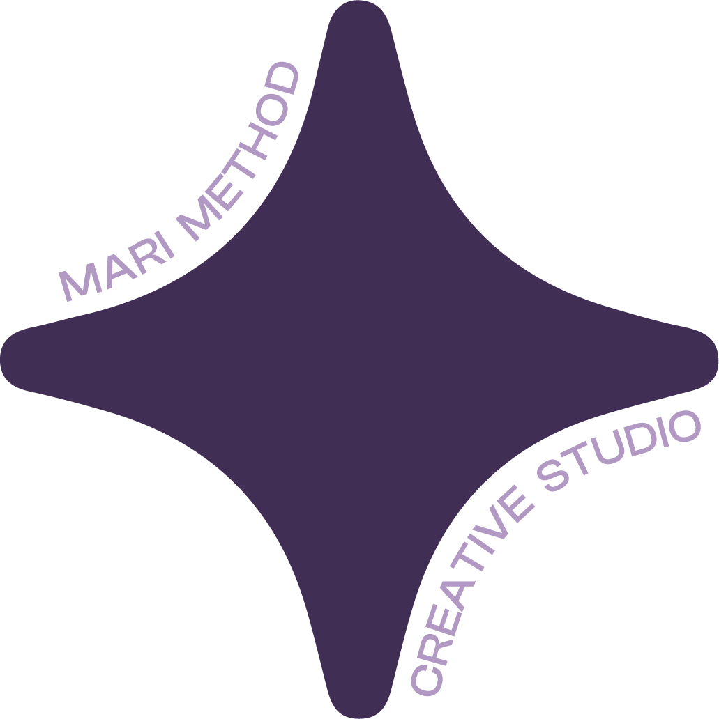 Logo of Mari Method Creative Studio featuring a purple star-shaped design with the words 'MARI METHOD' and 'CREATIVE STUDIO' curved along its arms.