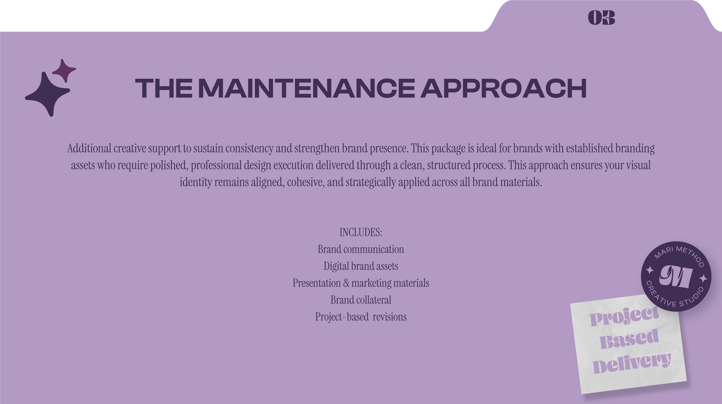 Purple informational poster titled 'The Maintenance Approach' with a description of brand support and package contents, featuring logos, icons, and a list of services on a purple background.
