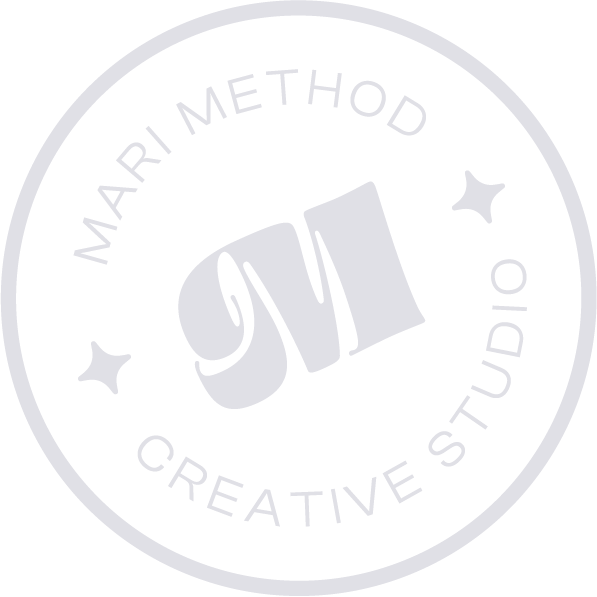 A circular logo with the words 'MARI METHOD' at the top and 'CREATIVE STUDIO' at the bottom, surrounding a stylized 'M' in the center with two stars on either side.