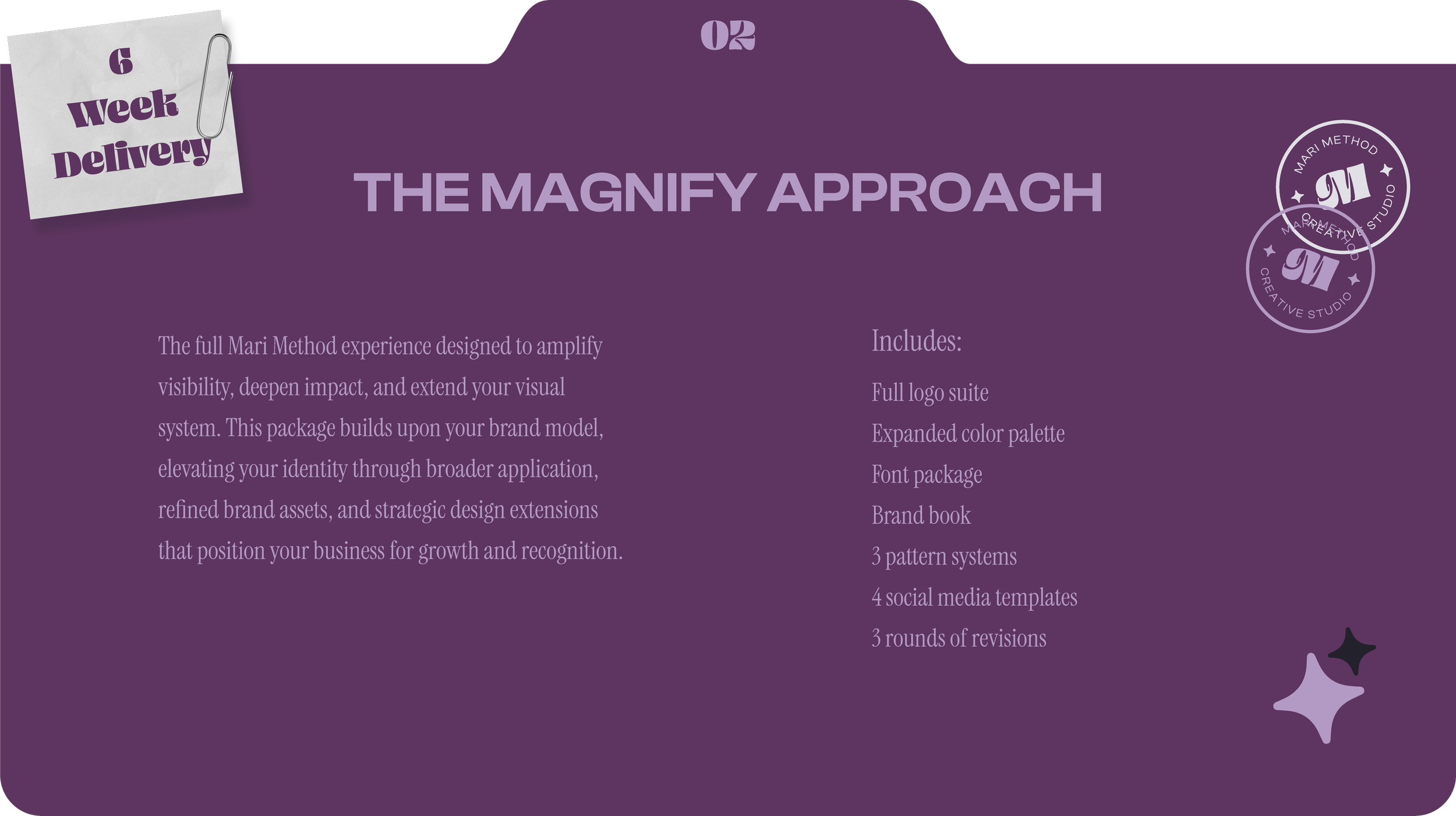 Purple advertisement for the Mari Method creative studio featuring the title 'The Magnify Approach' in large text, a description of services, and a note about 6-week delivery. Contains logo seals and decorative stars.