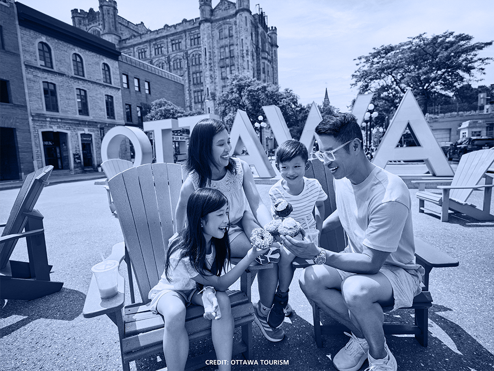 image of a family eating donuts in front of the Ottawa sign in the Byward market.