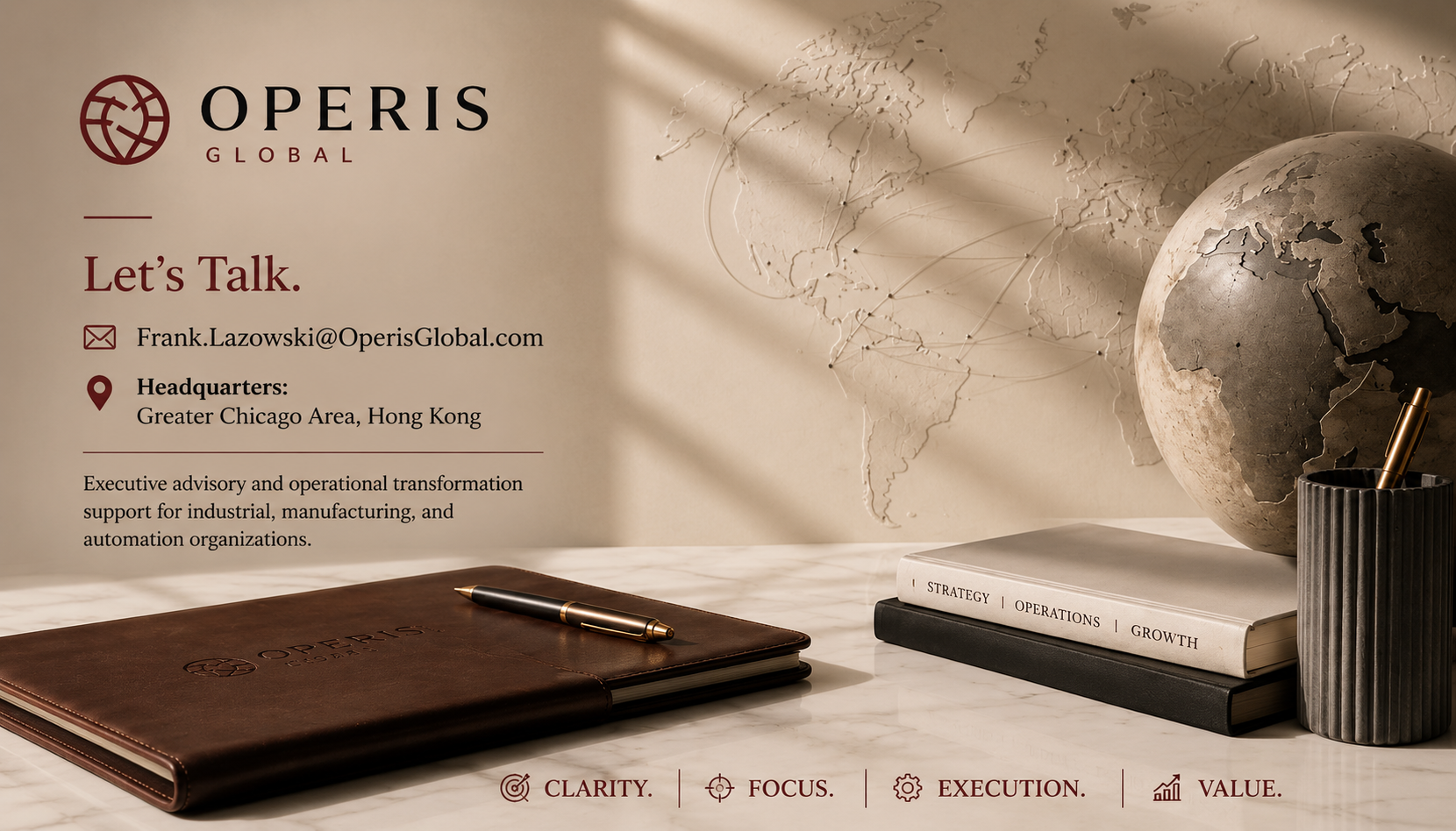 Business-themed desk setup with a world globe, books titled 'Strategy,' 'Operations,' and 'Growth,' a leather-bound notebook with a pen, and a decorative pen holder, all on a white marble surface. The background features a wall with a world map and the company's contact information and mission statement.
