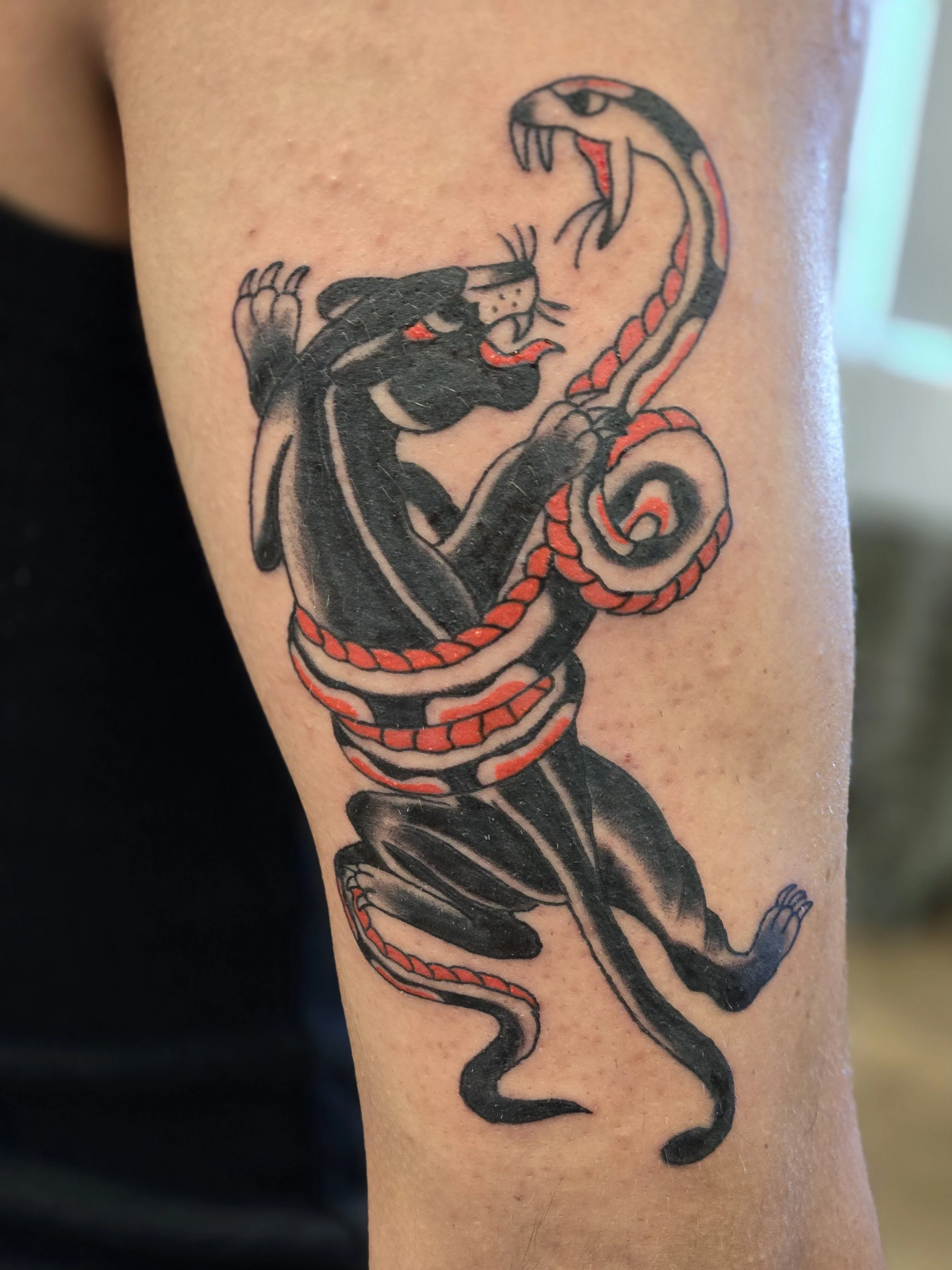 Tattoo of a black panther with its mouth open and claws extended, intertwined with a red and black snake on a person's arm.