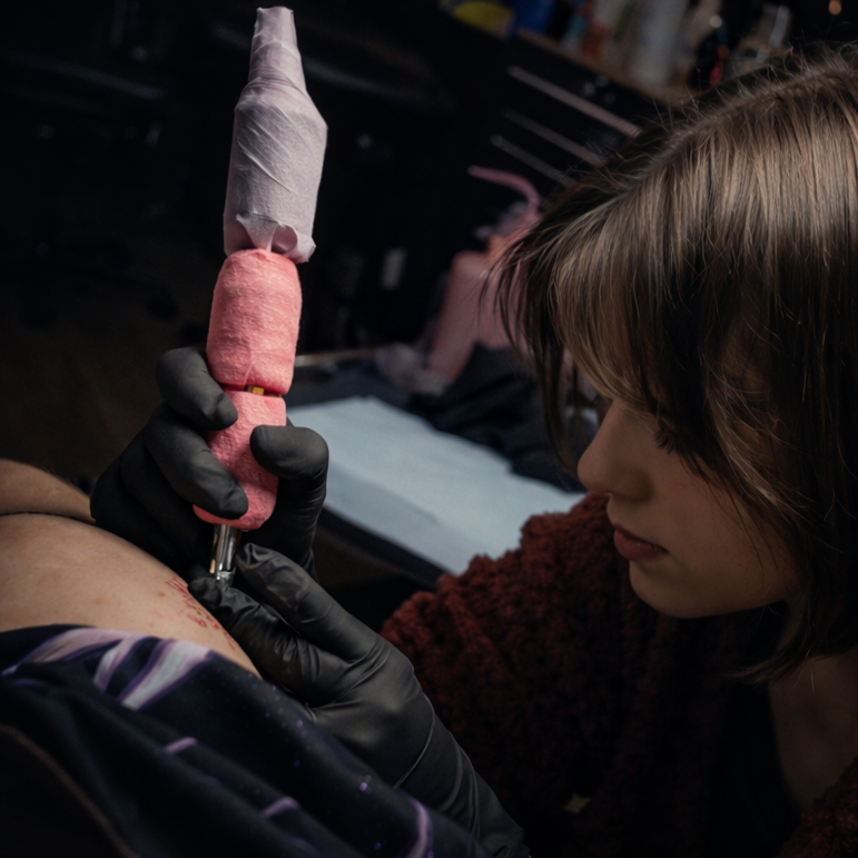 A tattoo artist with black gloves tattooing a person's arm with a wrapped design. The artist is focused and working in a studio.