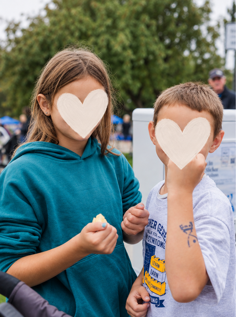 Two kids with hearts covering their faces at an outdoor event, one girl in a blue hoodie and one boy in a gray t-shirt, with trees and people in the background.