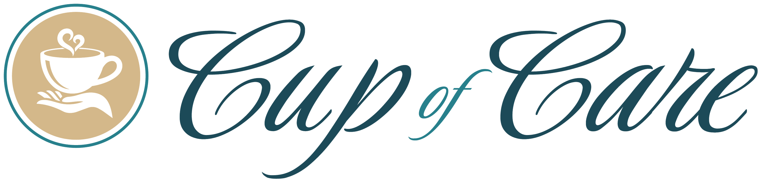 Logo with a hand holding a cup of coffee, with steam shaped like a heart, and the word "Cup of Tea" in elegant script.