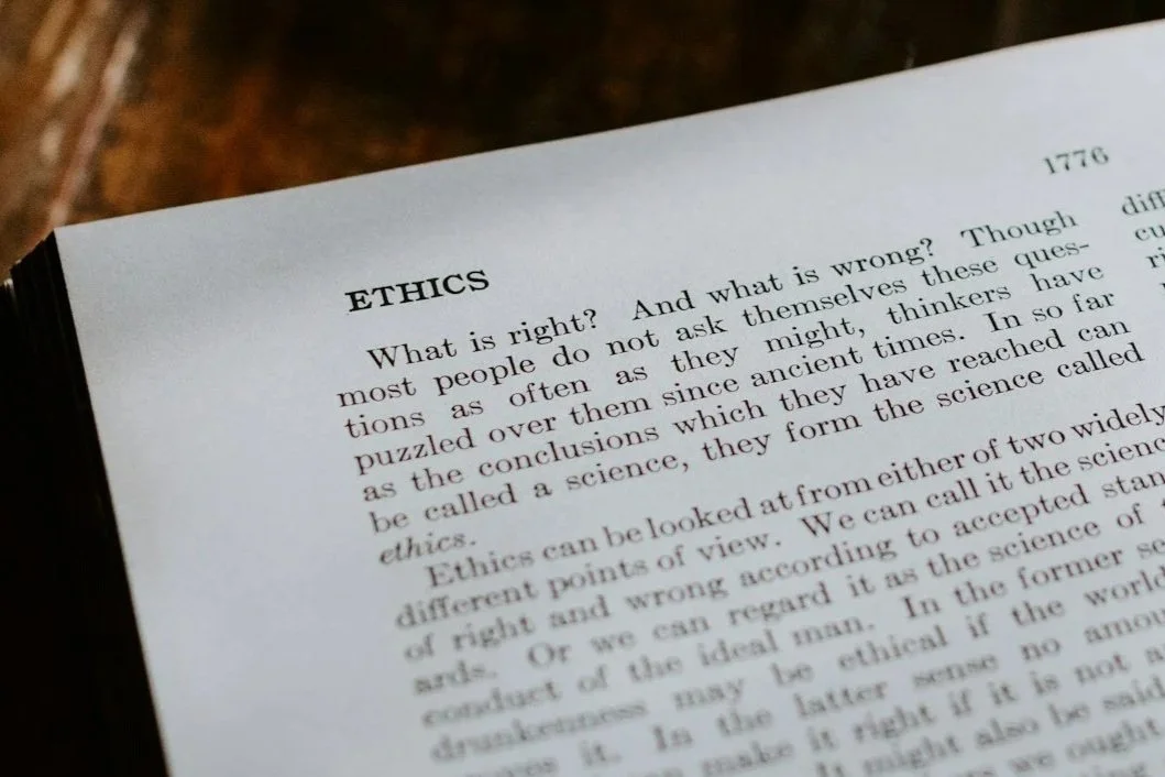 image of a text book with the heading ethics and paragraphs explaining ethics. related to code of ethics for menopause therapy